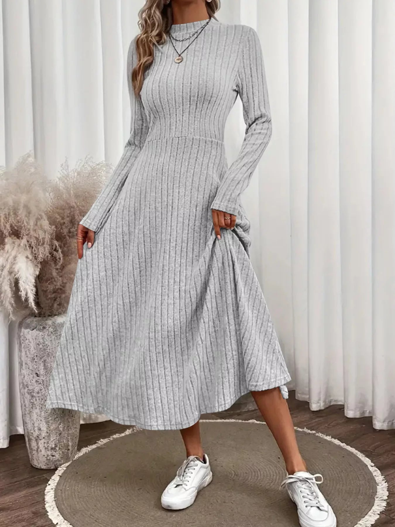 Ribbed Knit A-Line Midi Dress Gray Trendsi