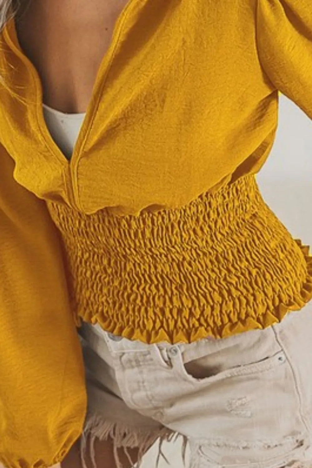 BiBi Smoking Waist Band and Puff Sleeves Deep V Neck Top OutfitFlow
