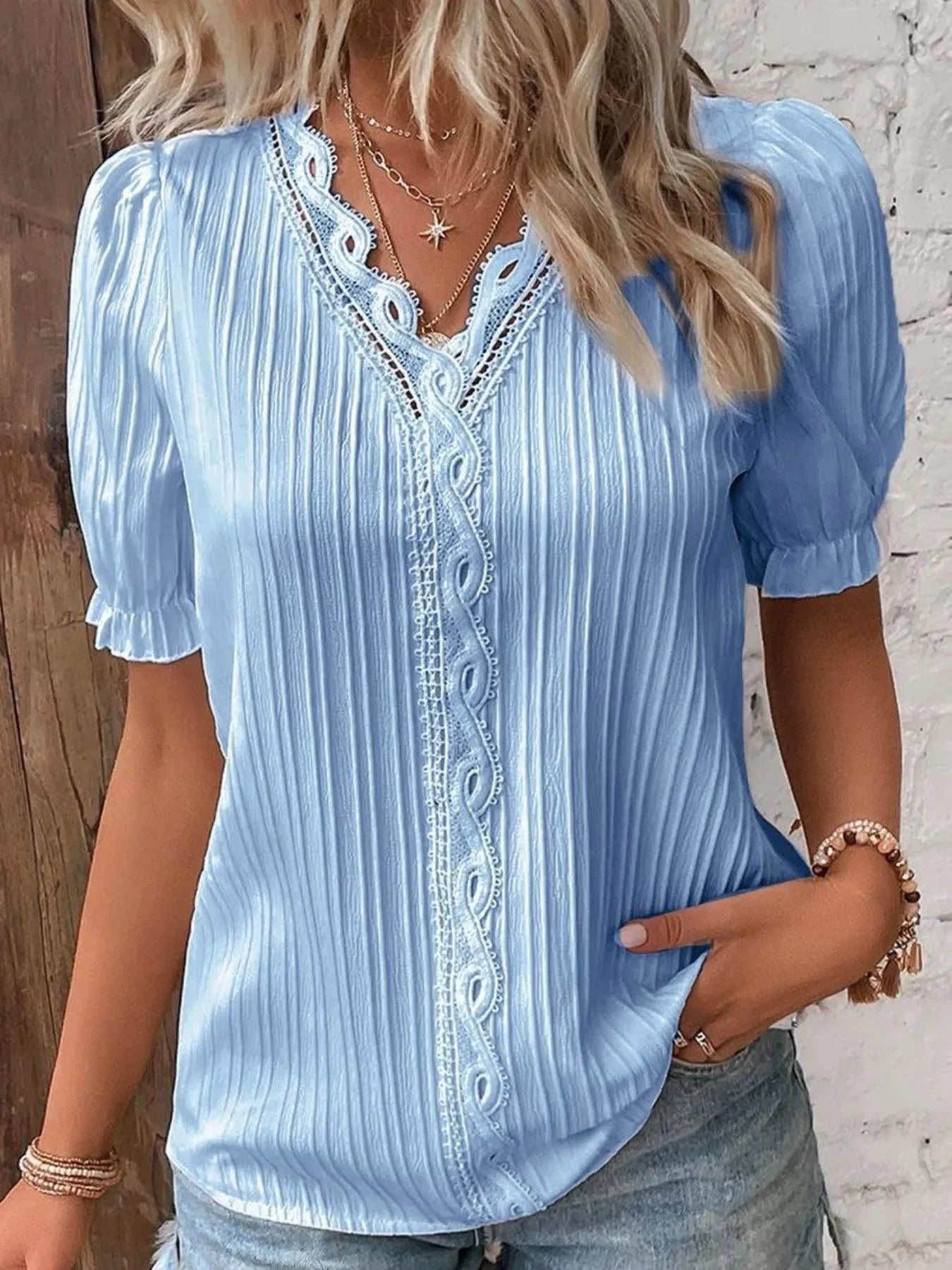 Full Size Lace Detail V-Neck Blouse Plus Size Sky Blue OutfitFlow
