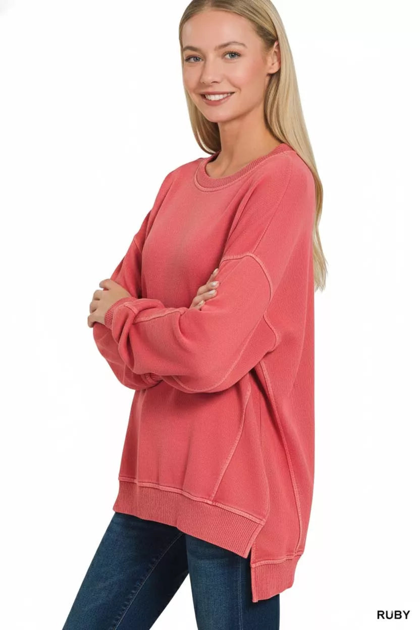 Zenana Full Size French Terry Pigment Dye & Enzyme Washing Pullover Plus Size OutfitFlow
