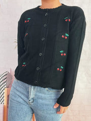 Cherry Embroidered Button Up Cardigan Black One Size OutfitFlow