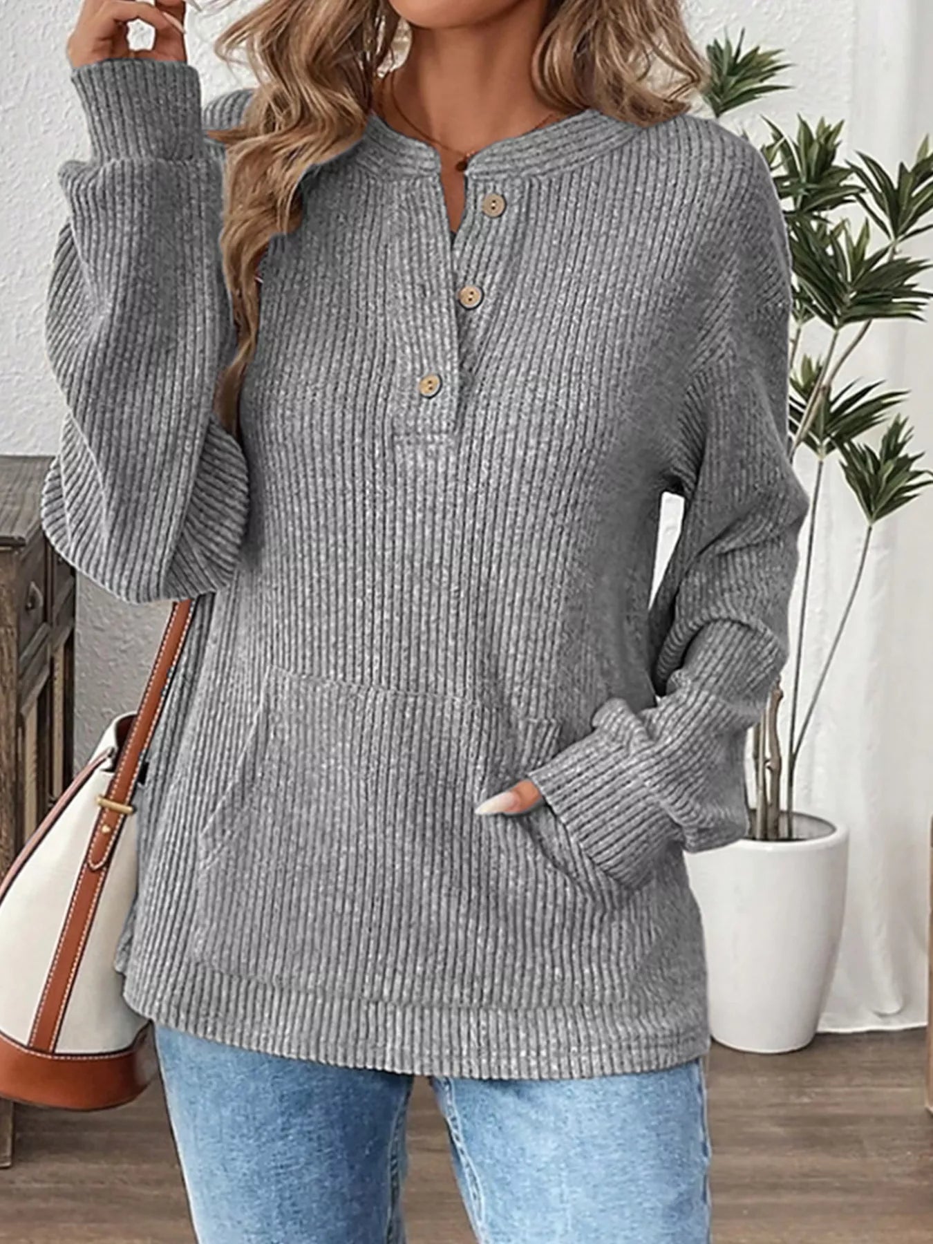 Ribbed Button Detail Long Sleeve T-Shirt OutfitFlow