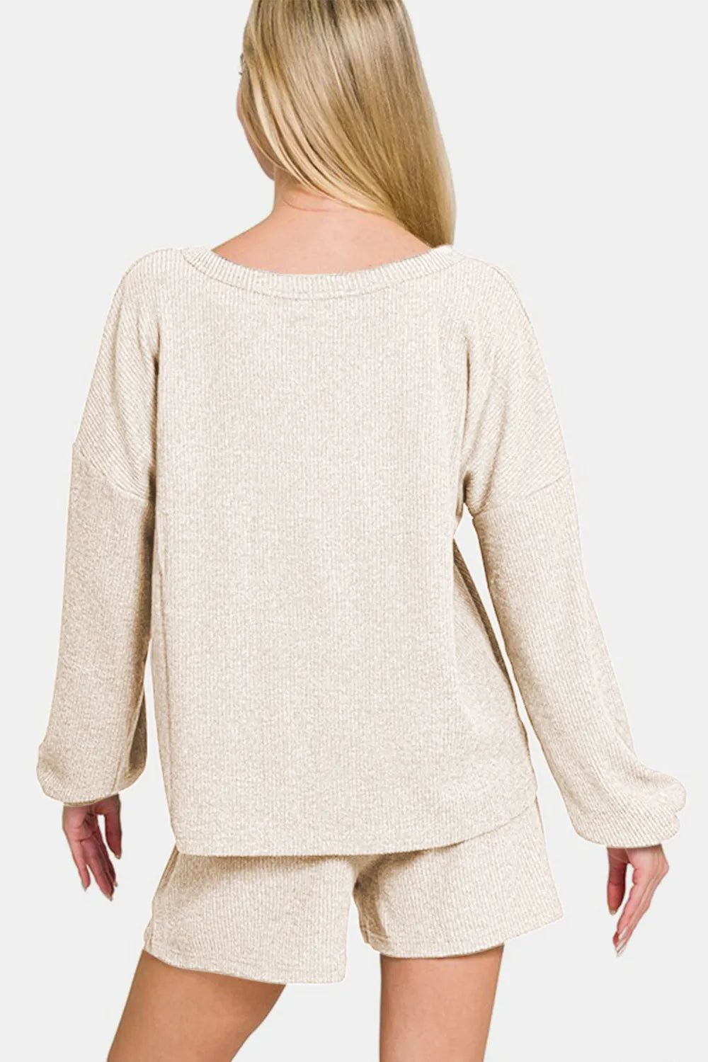 Zenana V-Neck Long Sleeve Ribbed Top and Shorts Set OutfitFlow
