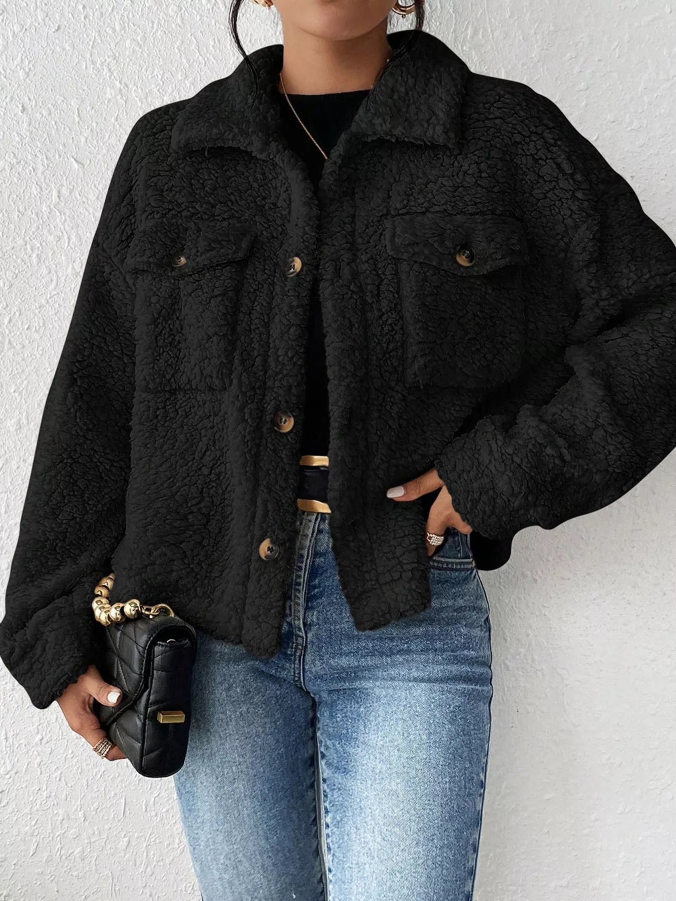Cozy Sherpa Button-Down Jacket OutfitFlow