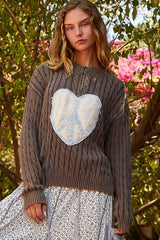 Outfit Flow - POL Cable-Knit Peace Patch Dropped Shoulder Sweater