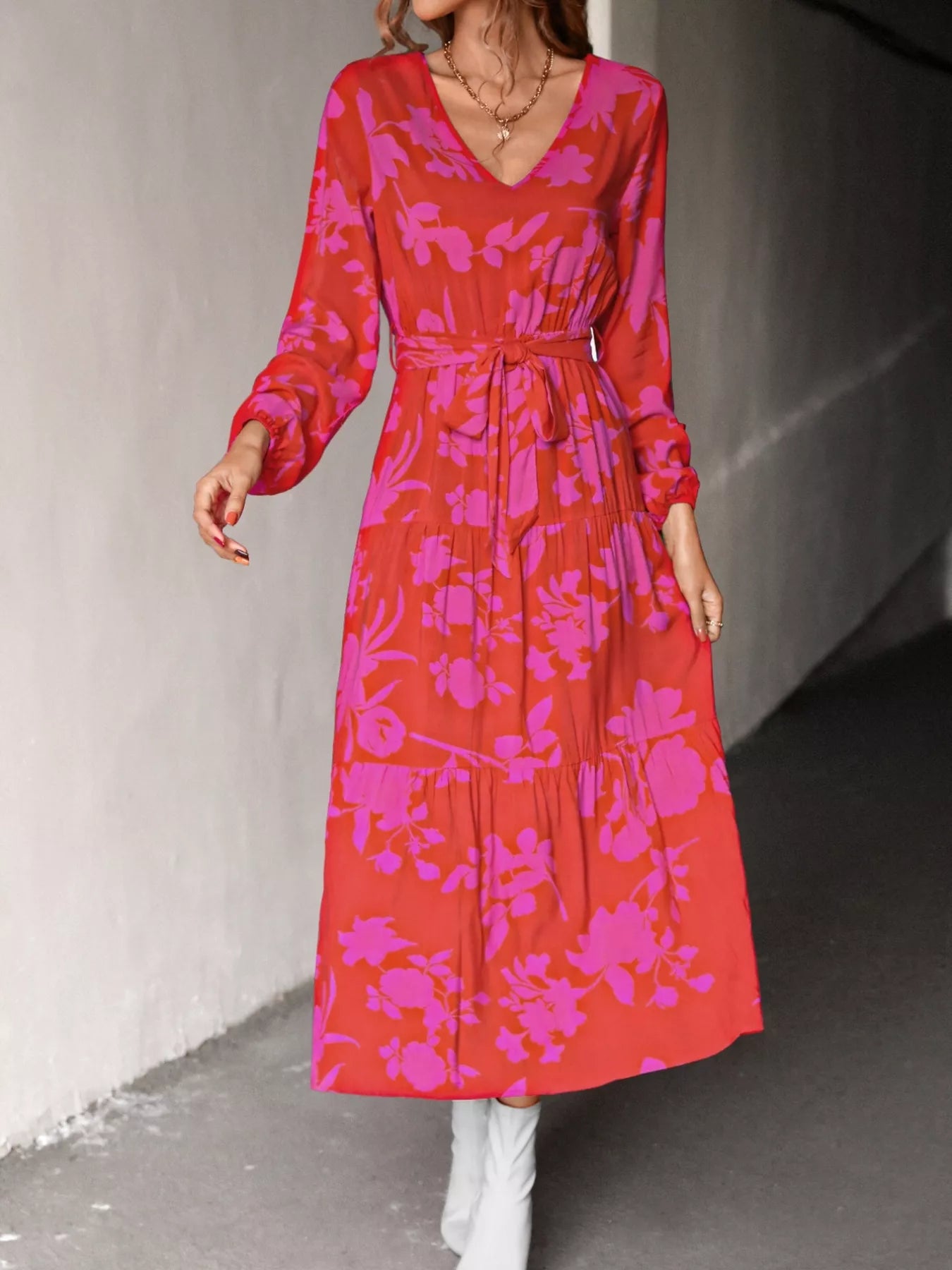 Printed V-Neck Balloon Sleeve Dress OutfitFlow
