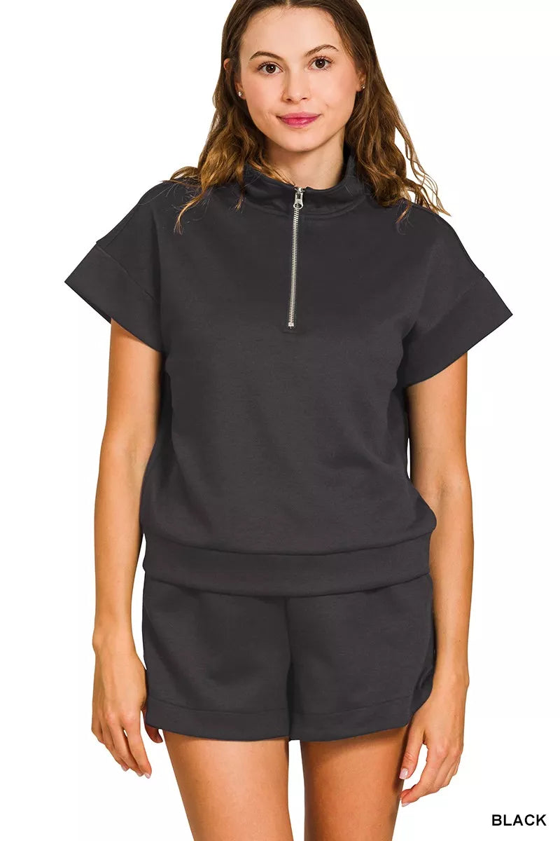 Zenana Scuba High Neck Half Zip Top and Dolphin Shorts Set BLACK OutfitFlow
