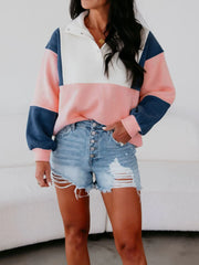 Colorblock Patchwork Half Button Baggy Sweatshirt OutfitFlow