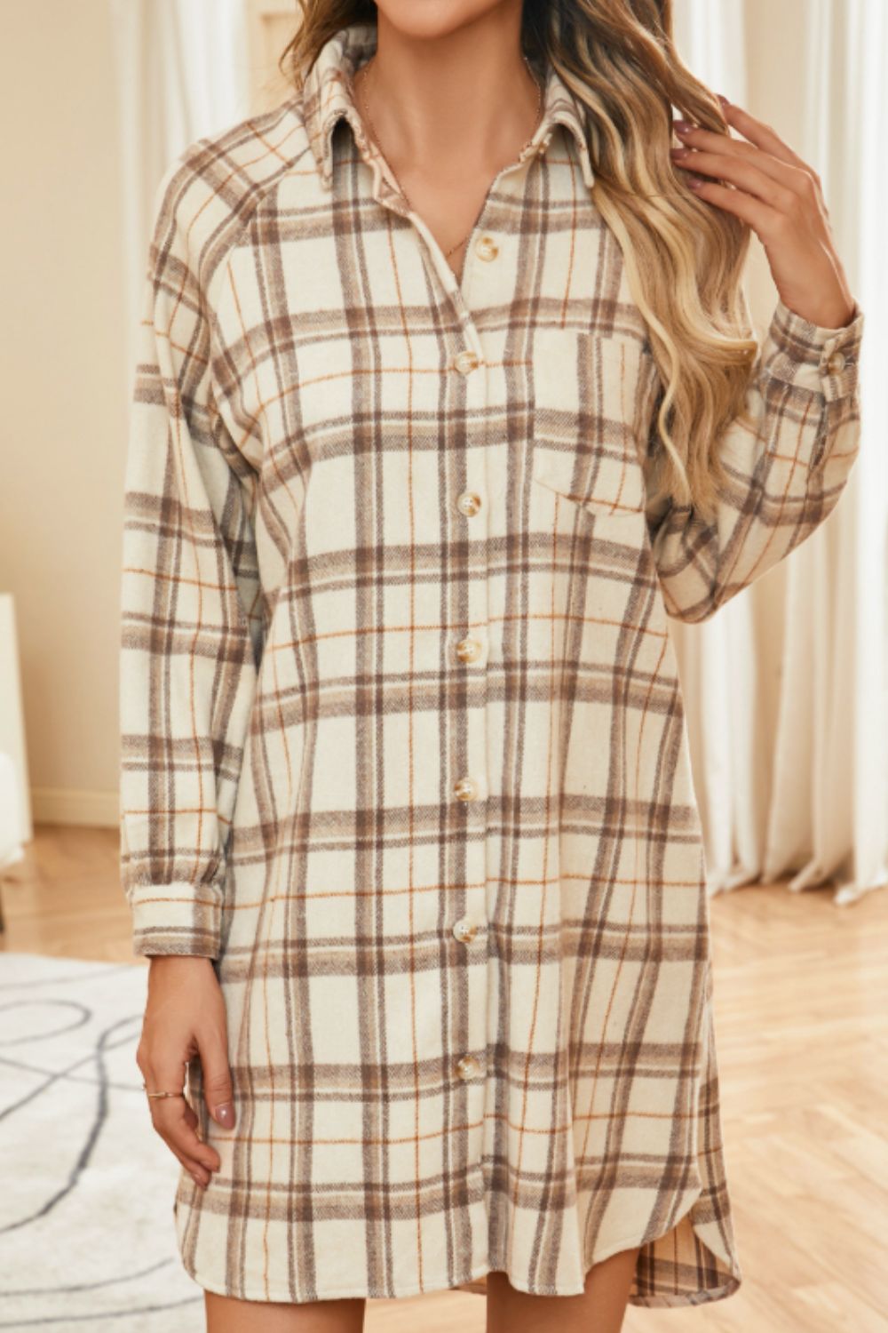 Plaid Collared Neck Long Sleeve Mini Shirt Dress