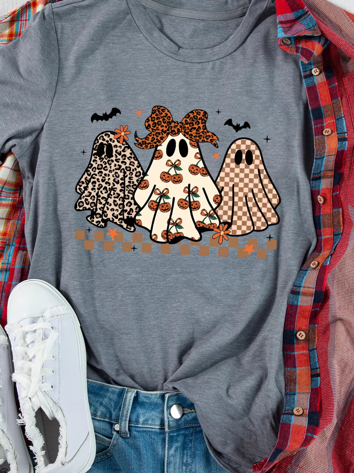 Halloween Ghost Round Neck Casual Tee OutfitFlow