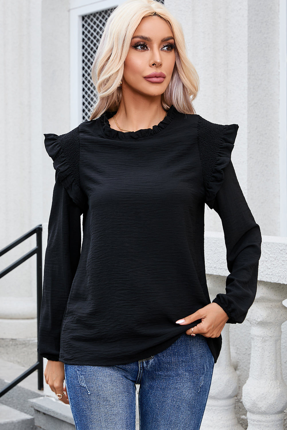 Frill Mock Neck Ruffled Balloon Sleeve Blouse OutfitFlow