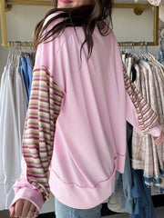 Exposed Seam Color Block Striped Patchwork Loose Henley Sweatshirt Trendsi