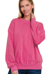 Zenana Soft Fleece Pigment Dye Round-neck Sweatshirts HOT PINK OutfitFlow