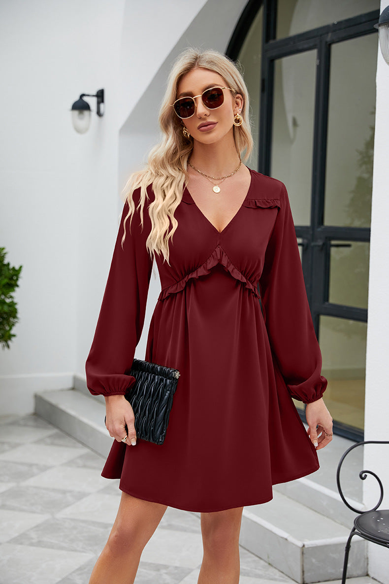 Frill Trim V-Neck Long Sleeve Dress OutfitFlow