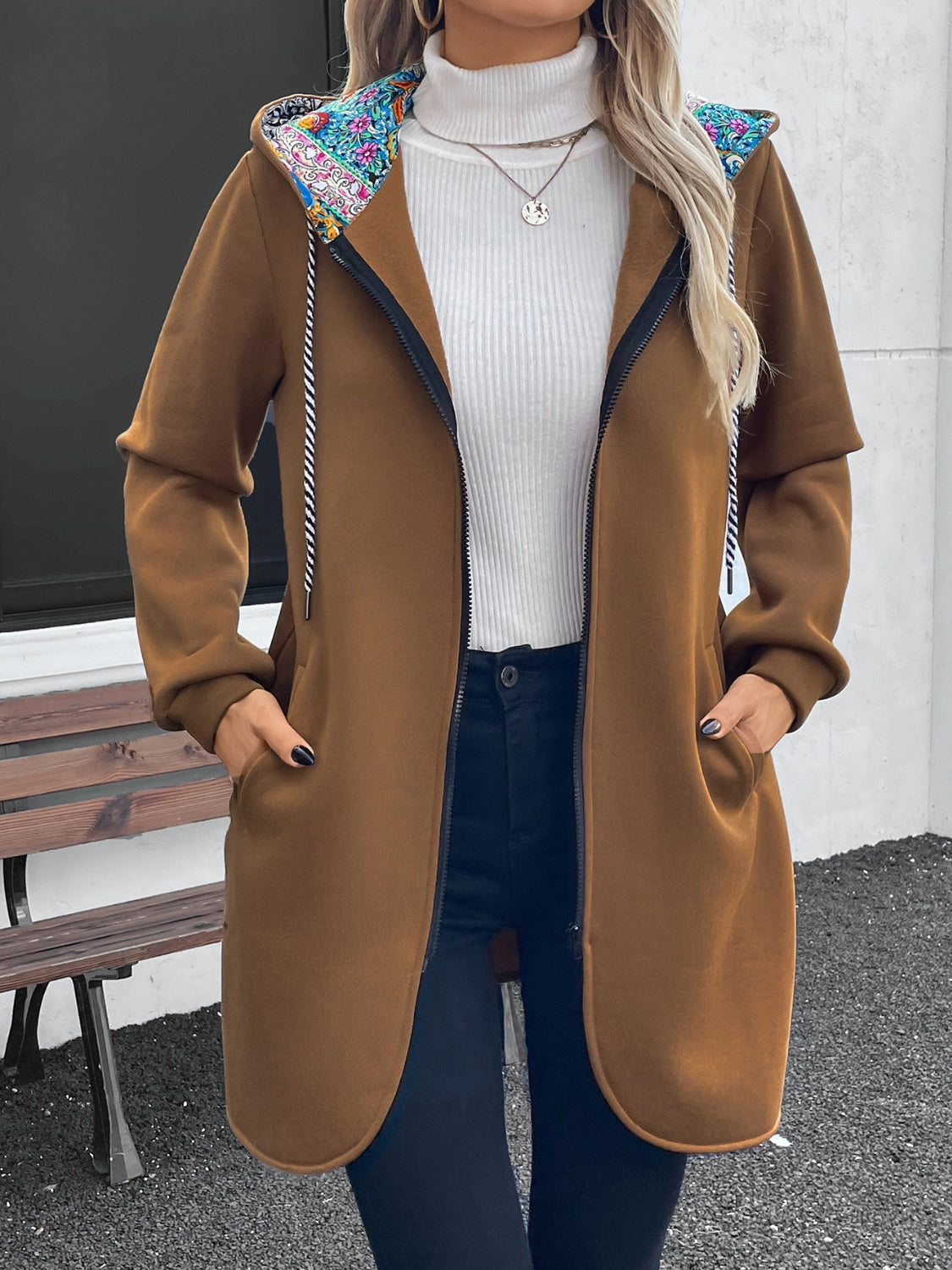 Outfit Flow - Drawstring Zip Up Long Sleeve Hooded Outerwear