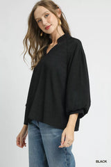 Umgee Textured V-Neck Blouse with Balloon Sleeves OutfitFlow