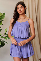 Davi & Dani Pleated Body Elastic Back Babydoll Strappy Top OutfitFlow