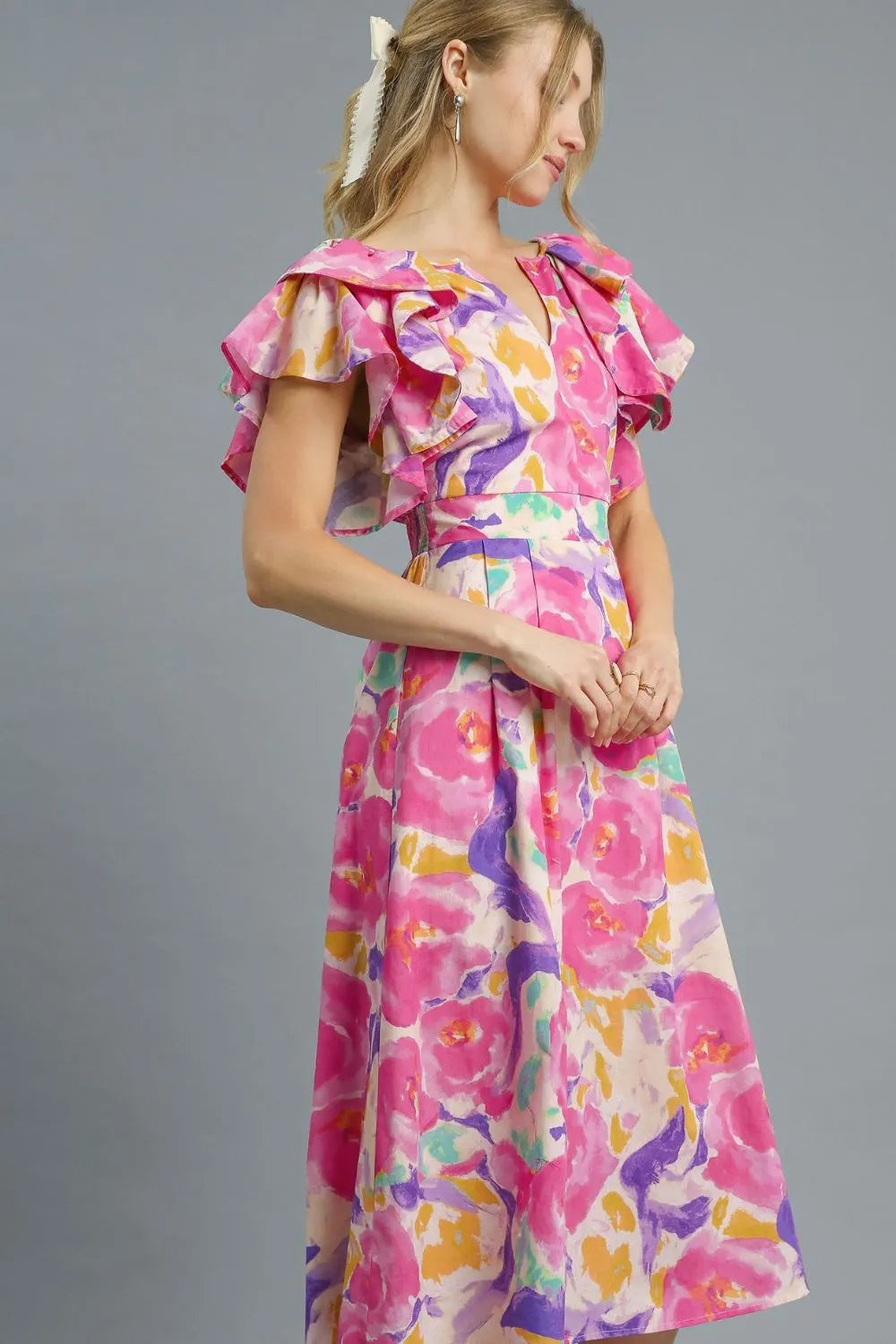 Umgee Floral Ruffled Cap Sleeve Midi Dress OutfitFlow