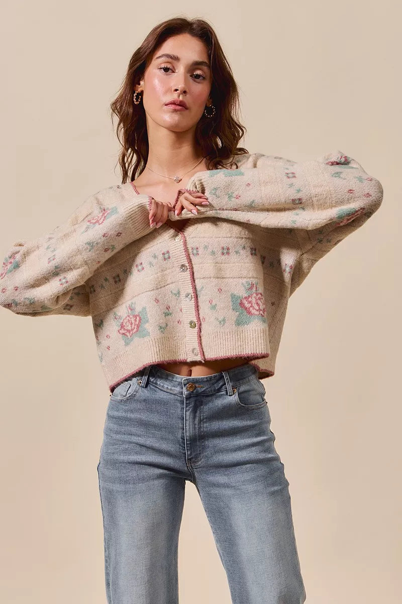 SO ME Floral Pattern Long Sleeve Button Sweater Cardigan OutfitFlow