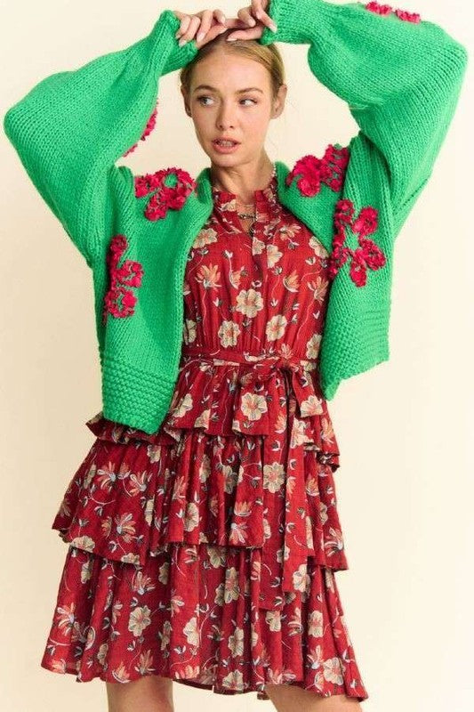 Outfit Flow - Davi & Dani Floral Applique Open Front Drop Shoulder Cardigan