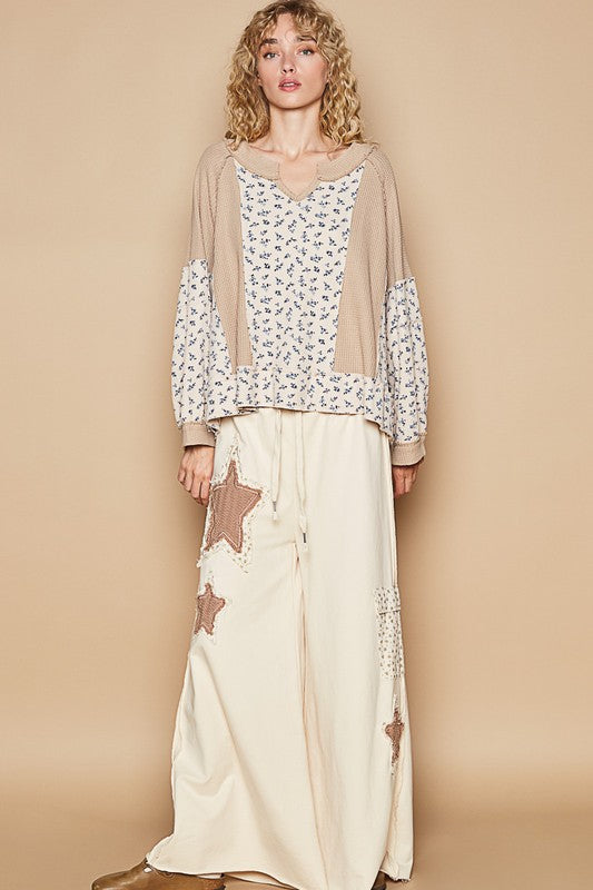 Outfit Flow - POL Waffle Knit Floral Notched Long Sleeve Top