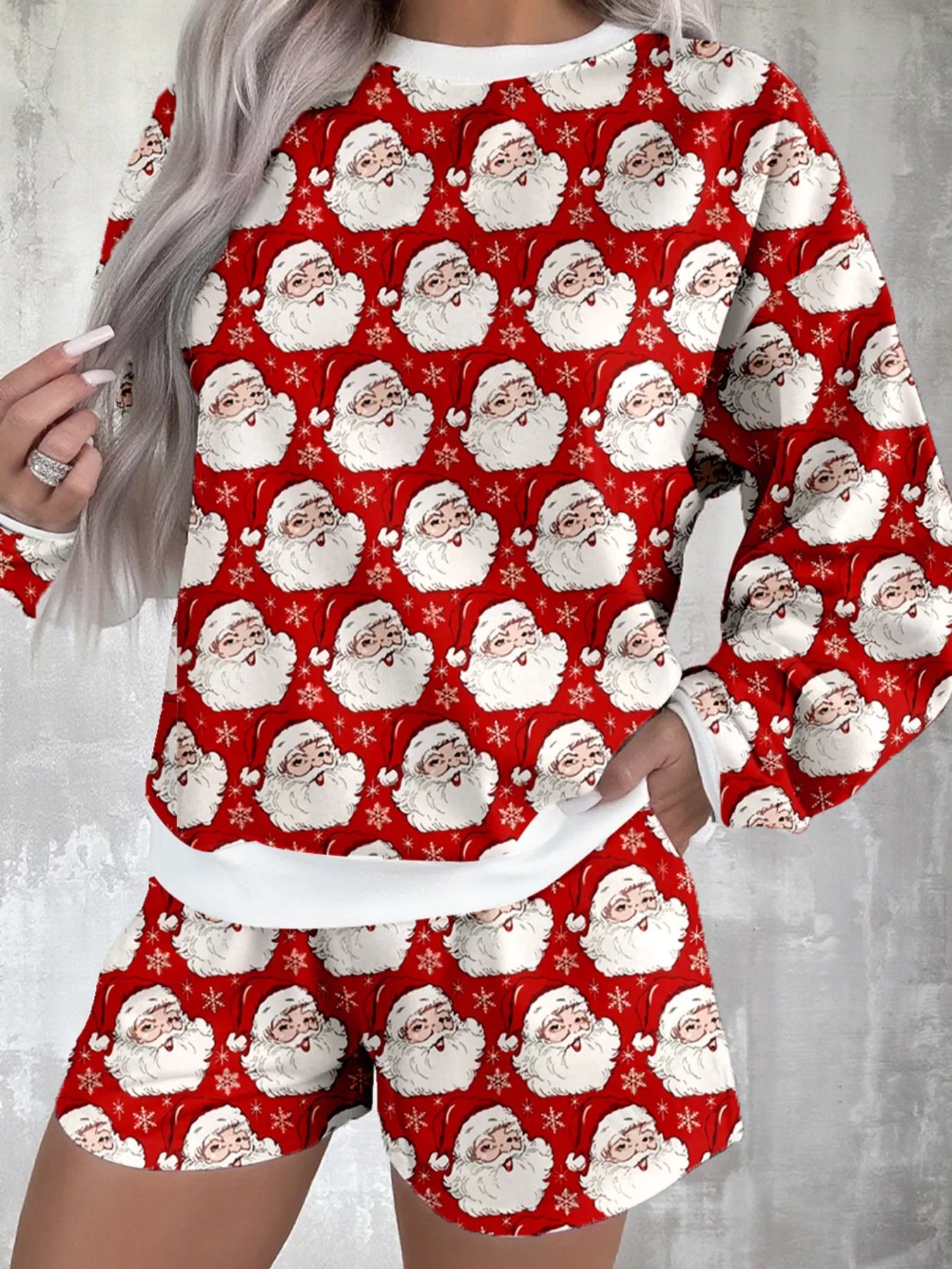 Christmas Santa Print Round Neck Top and Shorts Lounge Set OutfitFlow