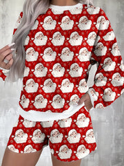 Christmas Santa Print Round Neck Top and Shorts Lounge Set OutfitFlow