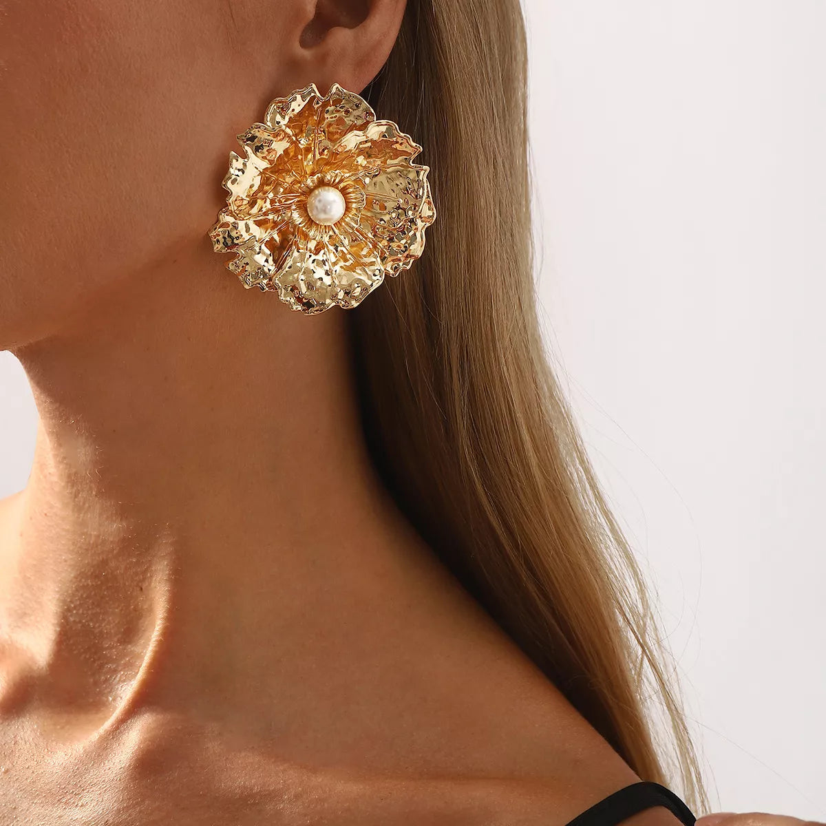 Gold Textured Flower Pearl Center Statement Earrings OutfitFlow
