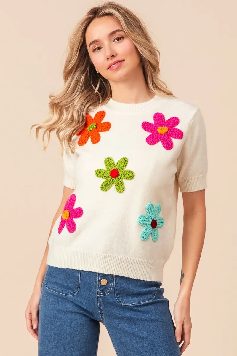 BiBi Crochet Flower Patch Sweater Top OutfitFlow