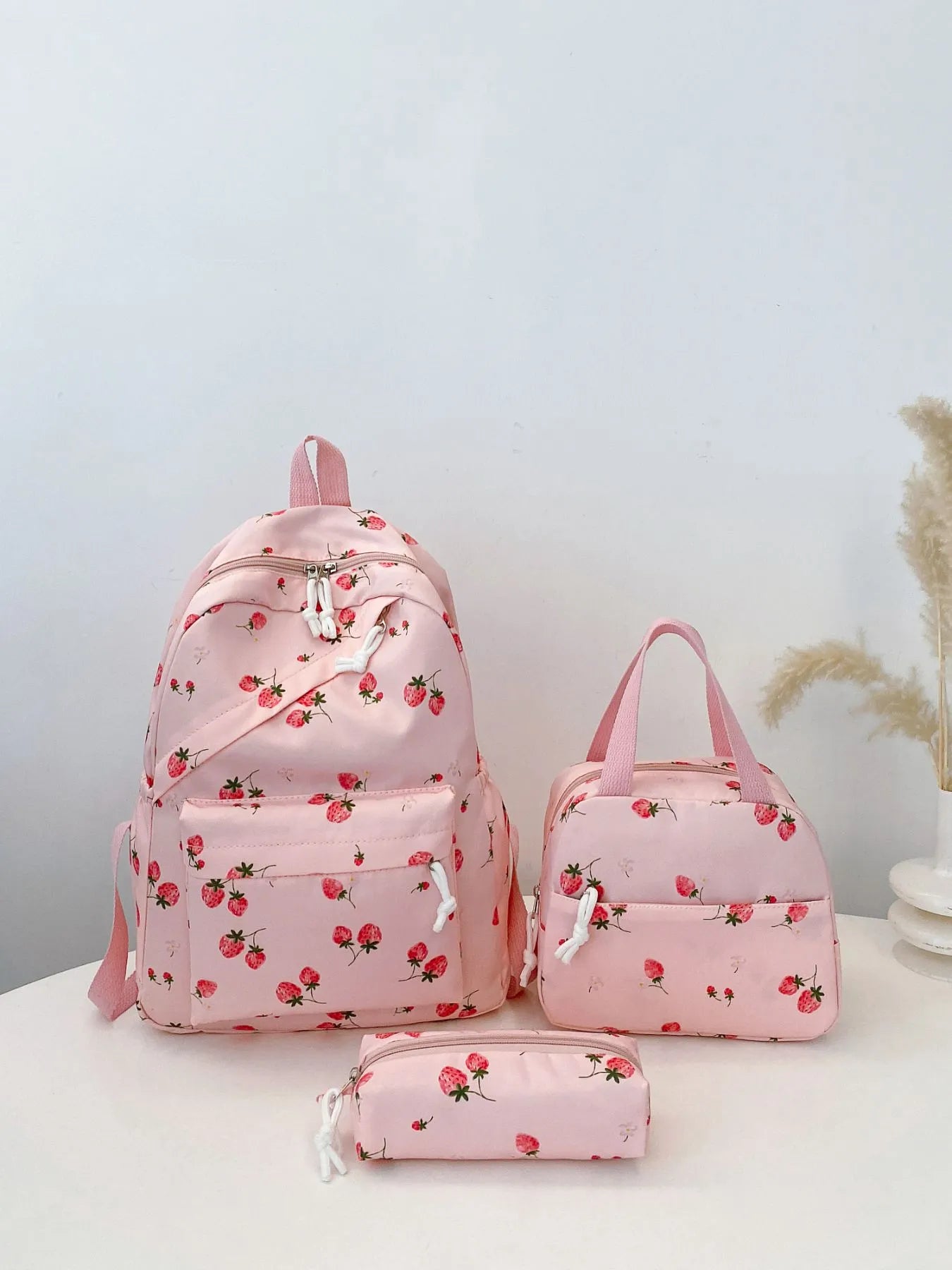 3-Piece Strawberry Print Canvas Bag Set Pink onesize OutfitFlow