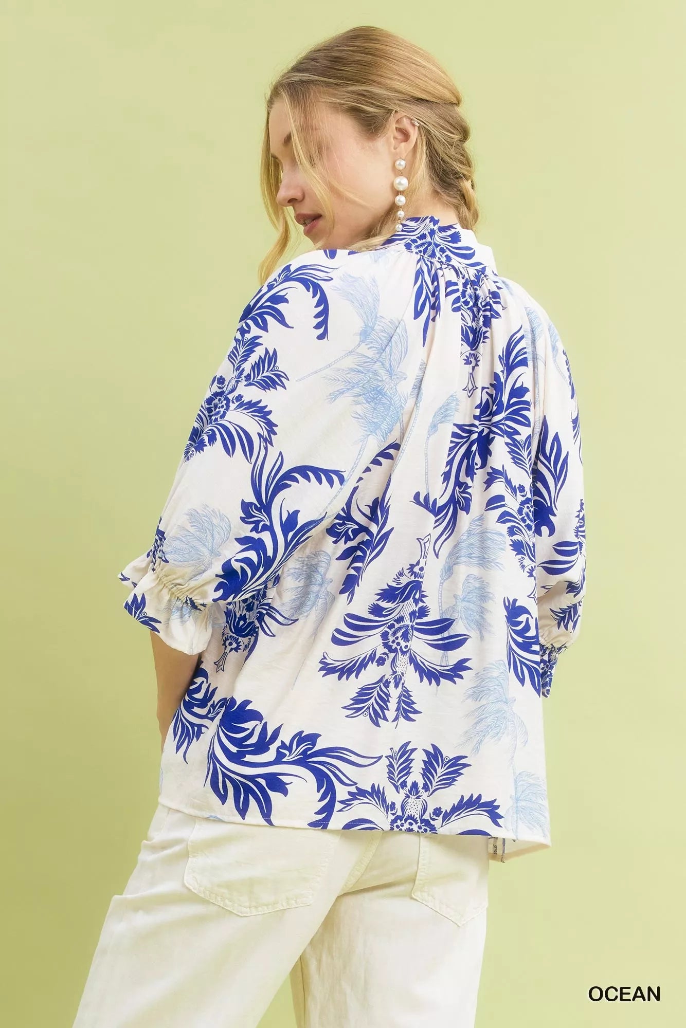Umgee Leafy Damask Print Blouse with Contrast Scalloped Trim Detail OutfitFlow