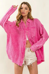 BiBi Raw Edge Detailed Mineral Washed Loose Fit Shirt OutfitFlow