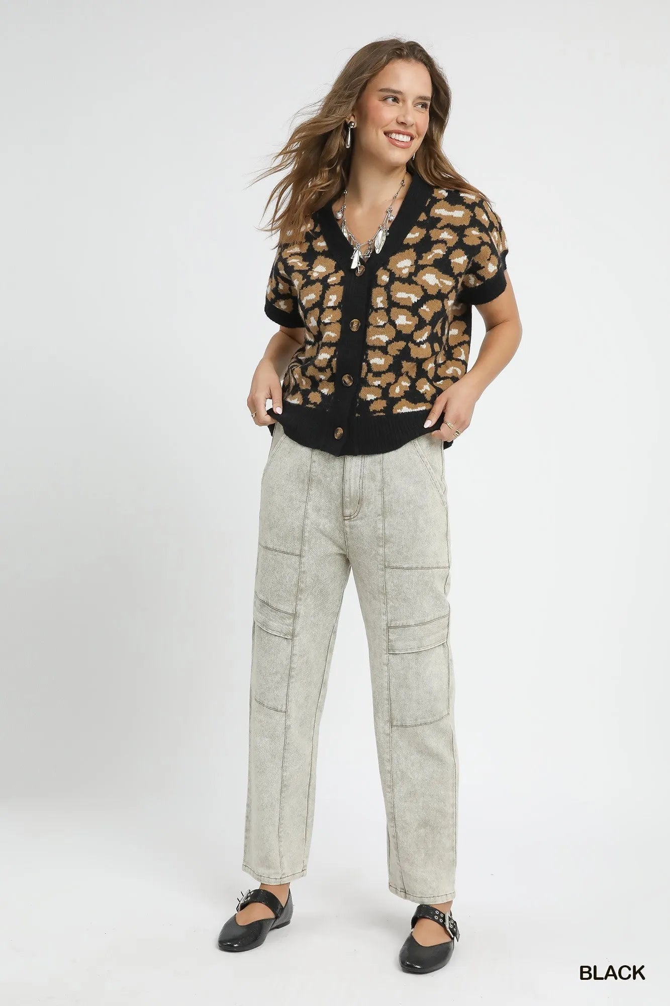 Umgee Leopard Button Down Short Sleeve Cardigan Trendsi