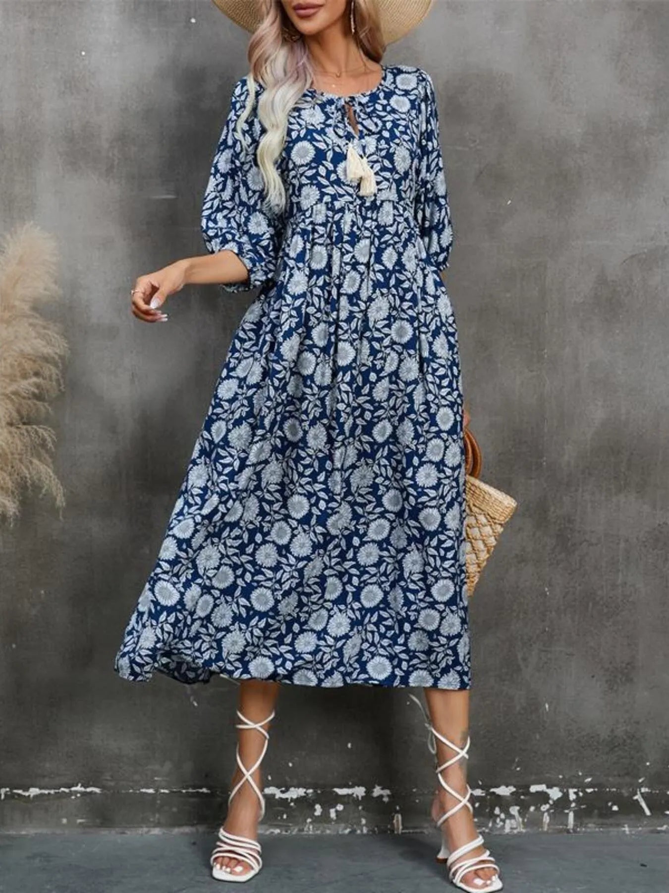Printed Tie Neck Midi Dress OutfitFlow