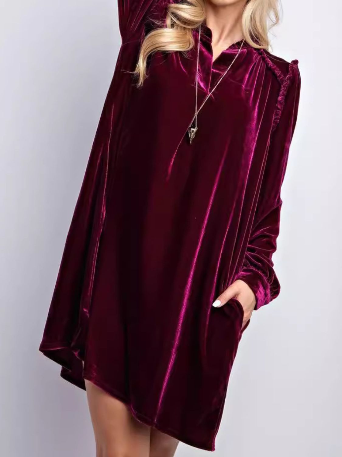 Outfit Flow - Frill Notched Long Sleeve Dress with Pockets