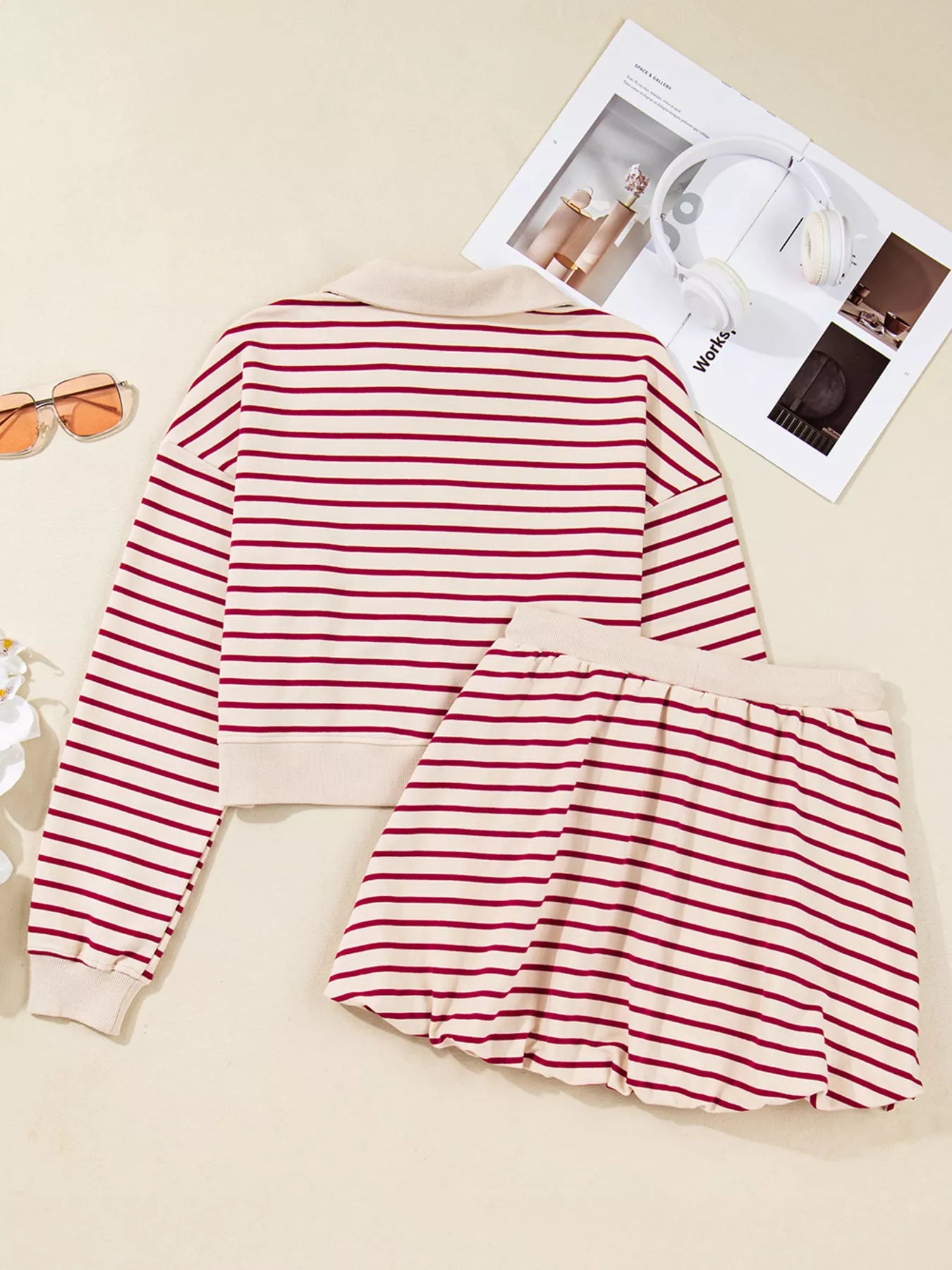 tripe Cropped Collared Drop Shoulder Pullover and Bubble Mini Skirt Set OutfitFlow