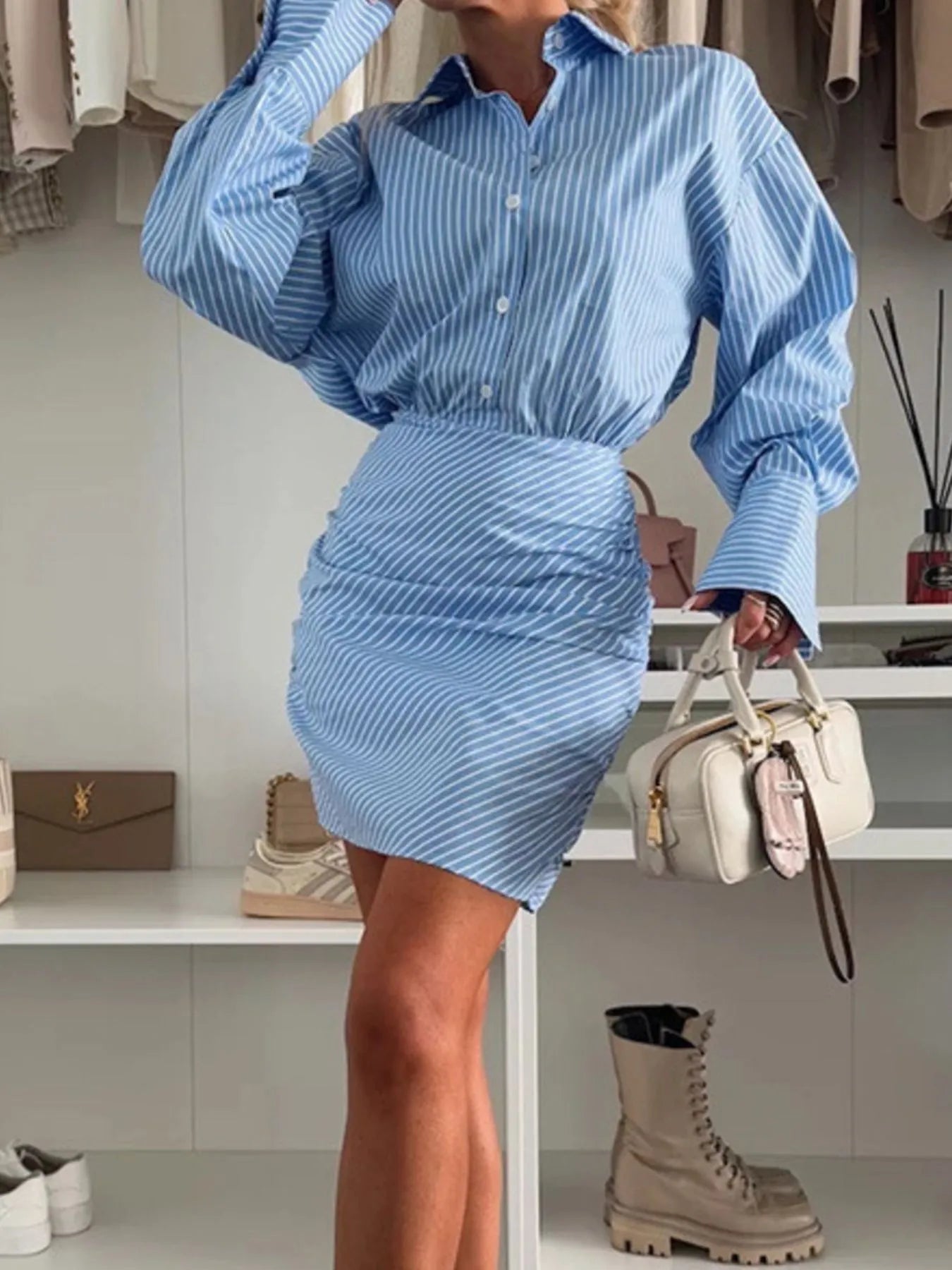 Striped Button Front Mini Shirt Dress OutfitFlow