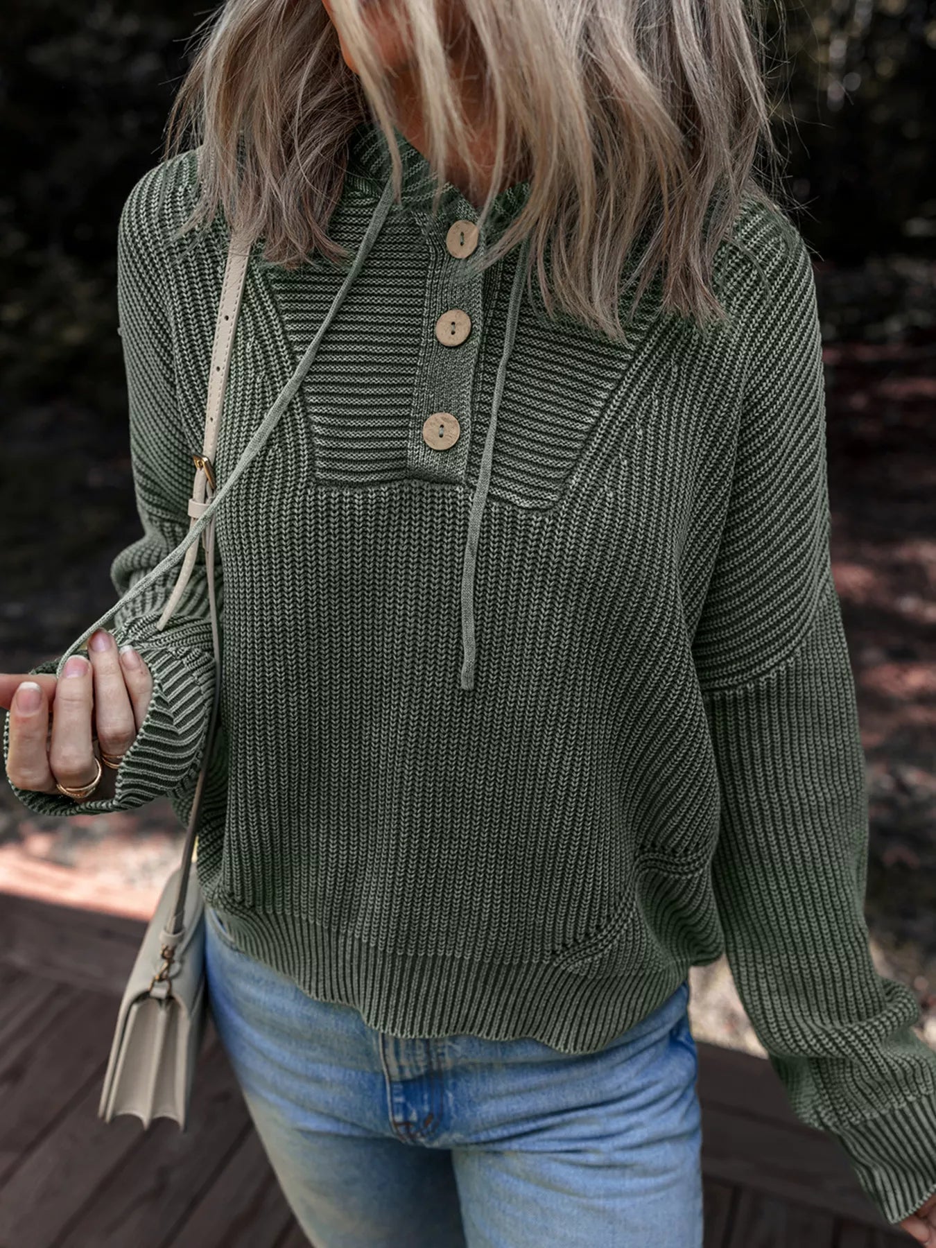 Mineral Wash Ribbed Knit Button Drawstring Neck Hooded Sweater Army Green OutfitFlow