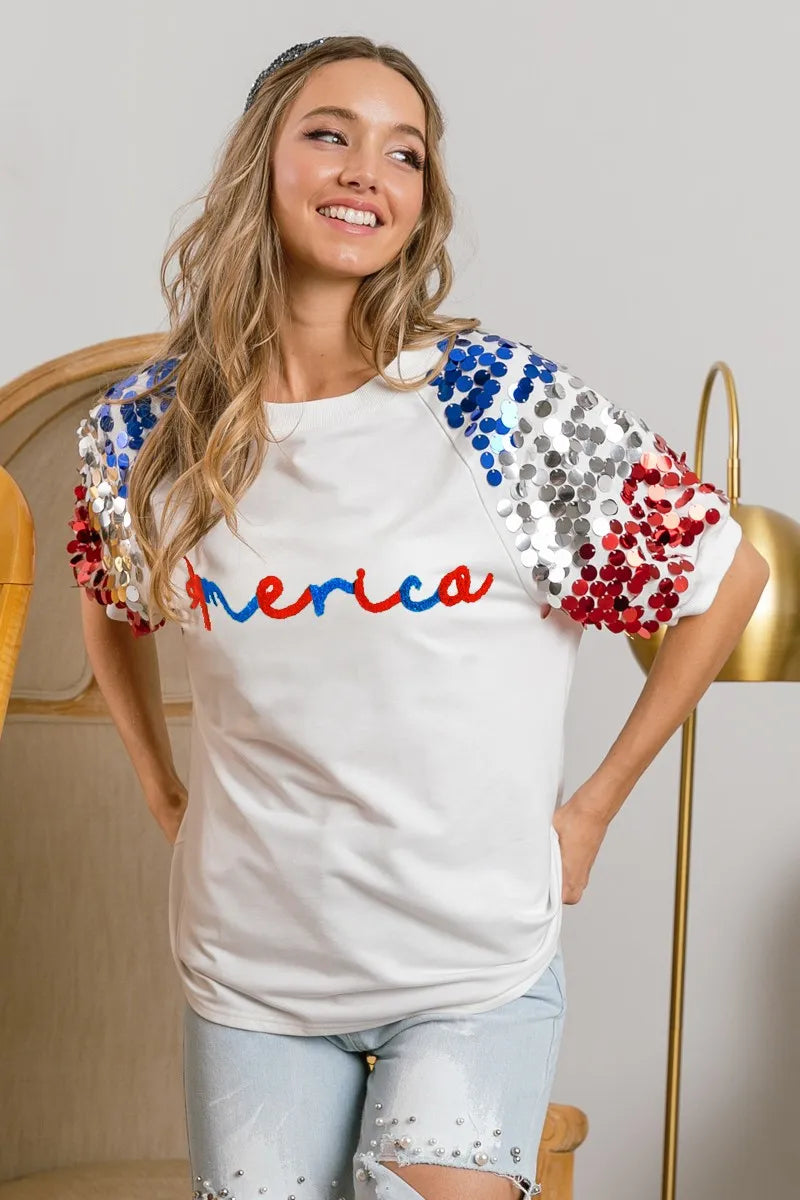 BiBi America Letter Applique Spangle Puff Sleeves Top OutfitFlow