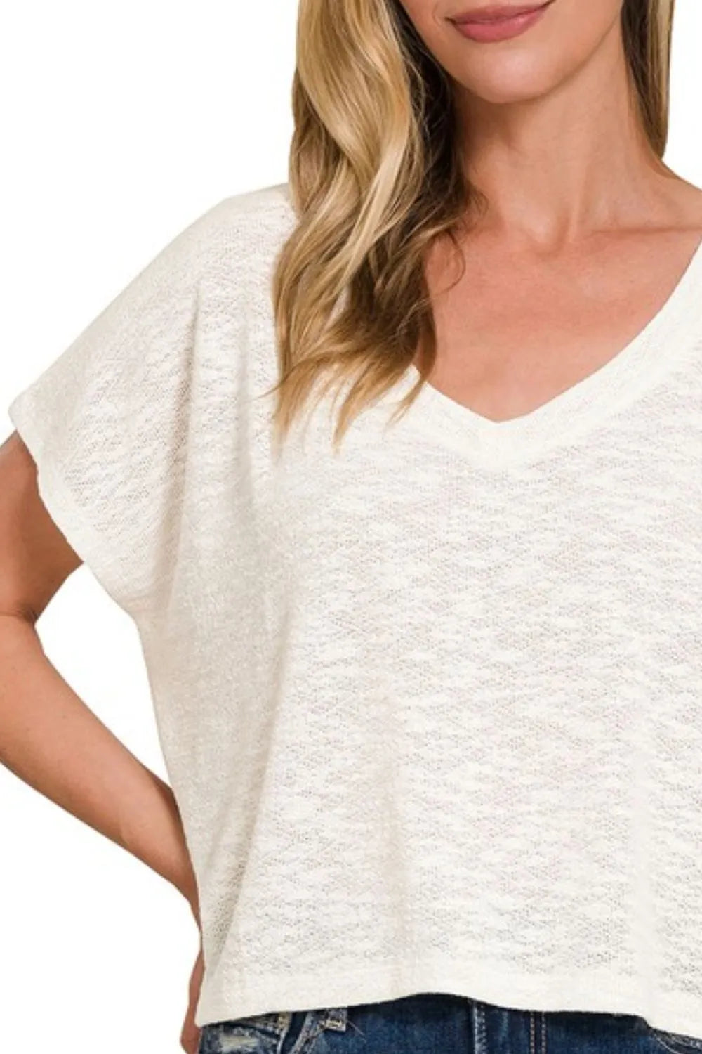 Zenana Hacci Slub V-neck Drop Shoulder Crop Top OutfitFlow