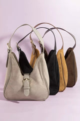 Fame Buckle Accent Faux Suede Hand Bag OutfitFlow