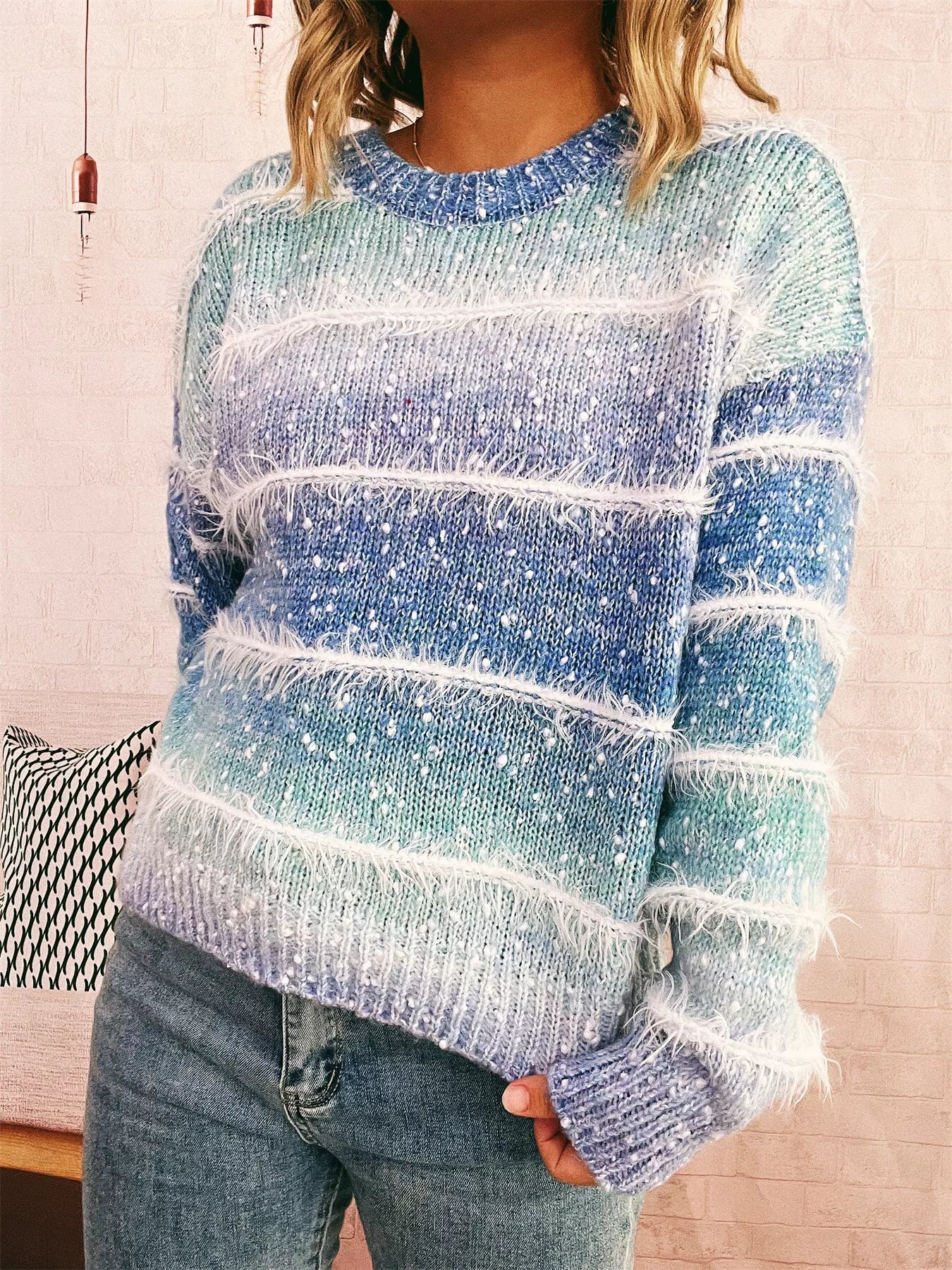 Gradient Striped Round Neck Sweater Blue One Size OutfitFlow