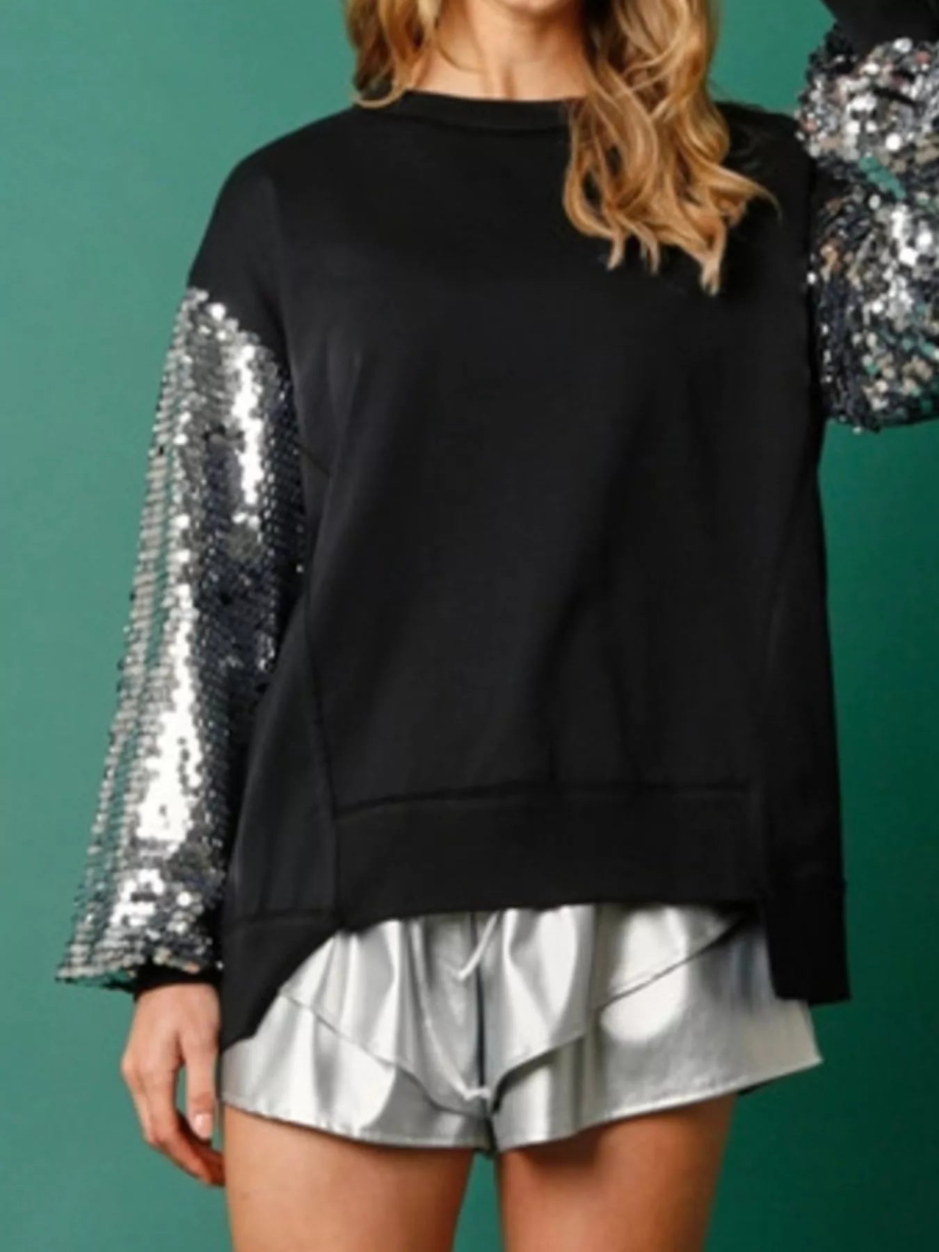 Sequin Long Sleeve Round Neck Sweatshirt OutfitFlow