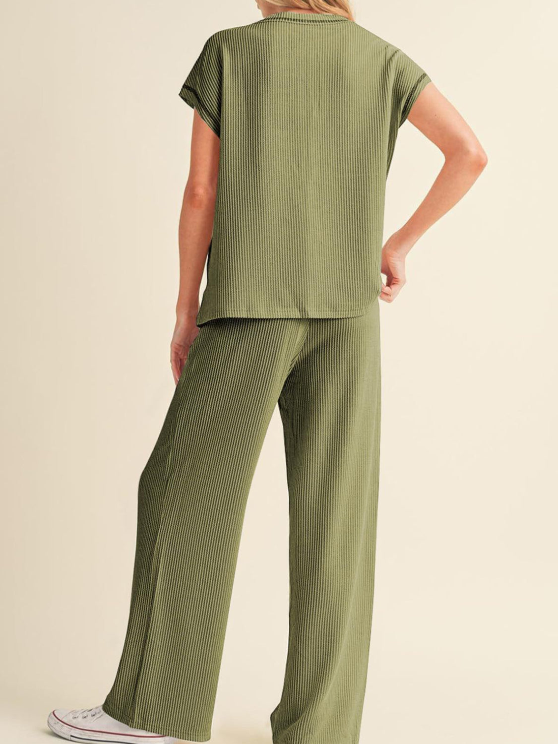 Ribbed Exposed Seam Top and Pants Set OutfitFlow