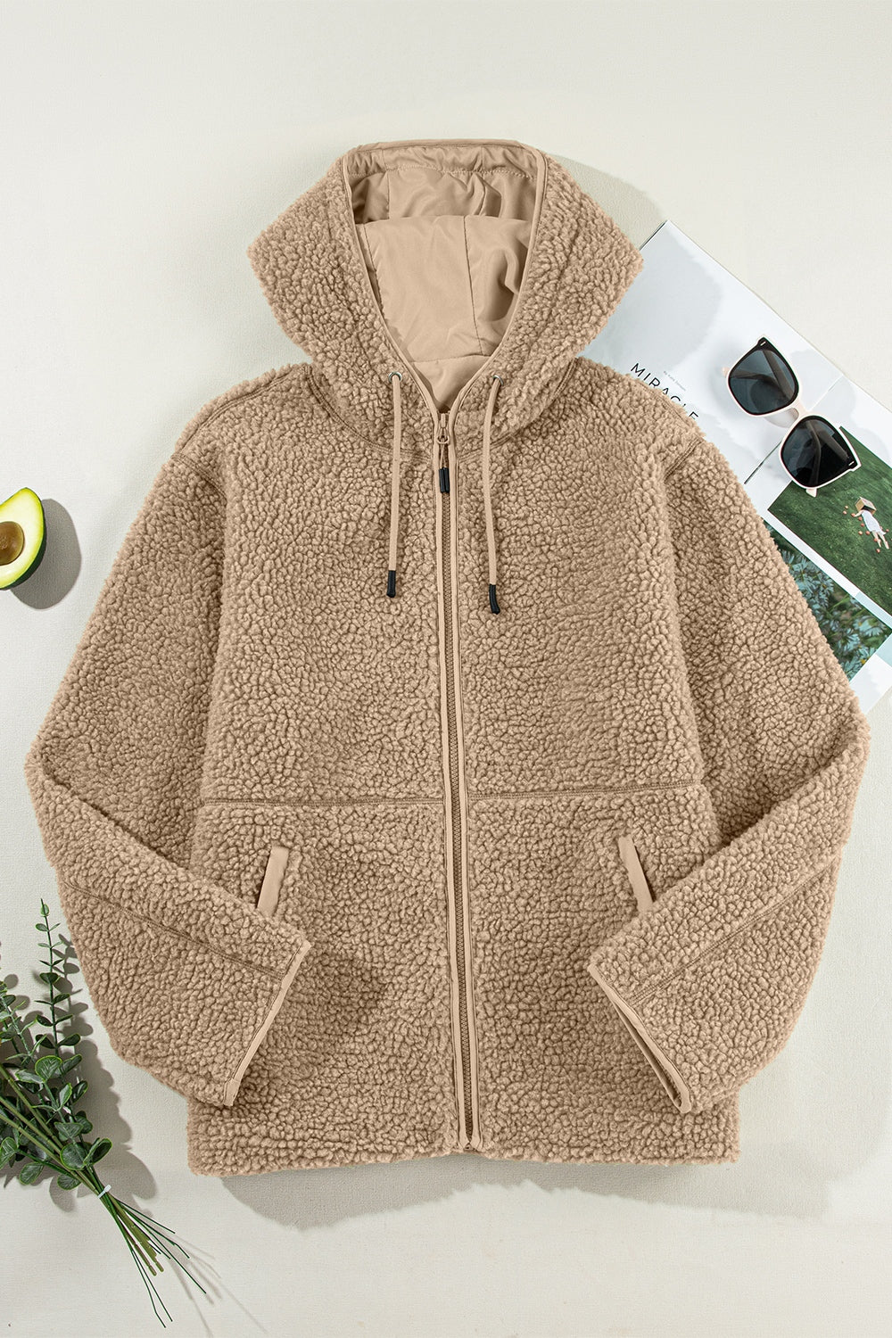 Outfit Flow - Drawstring Fleece Zip Up Hooded Jacket