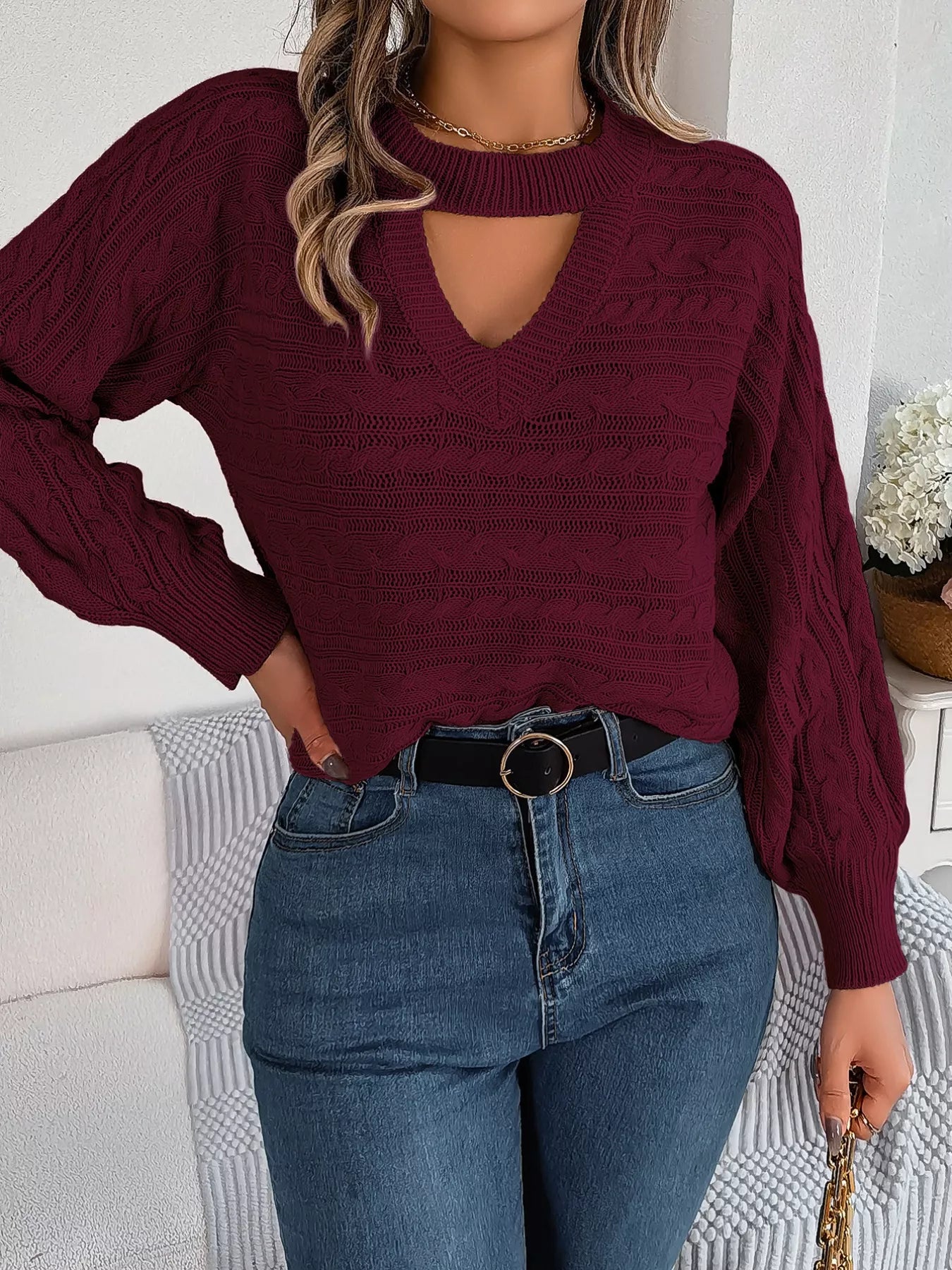 Cable-Knit Cutout Round Neck Sweater OutfitFlow