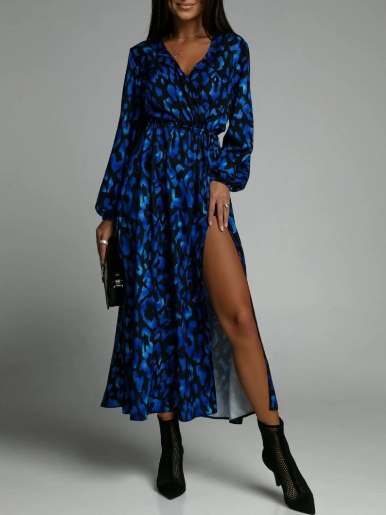 Printed Surplice Long Sleeve Midi Dress OutfitFlow