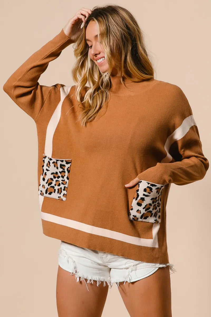 BiBi Mock Neck Sweater with Leopard Pocket OutfitFlow