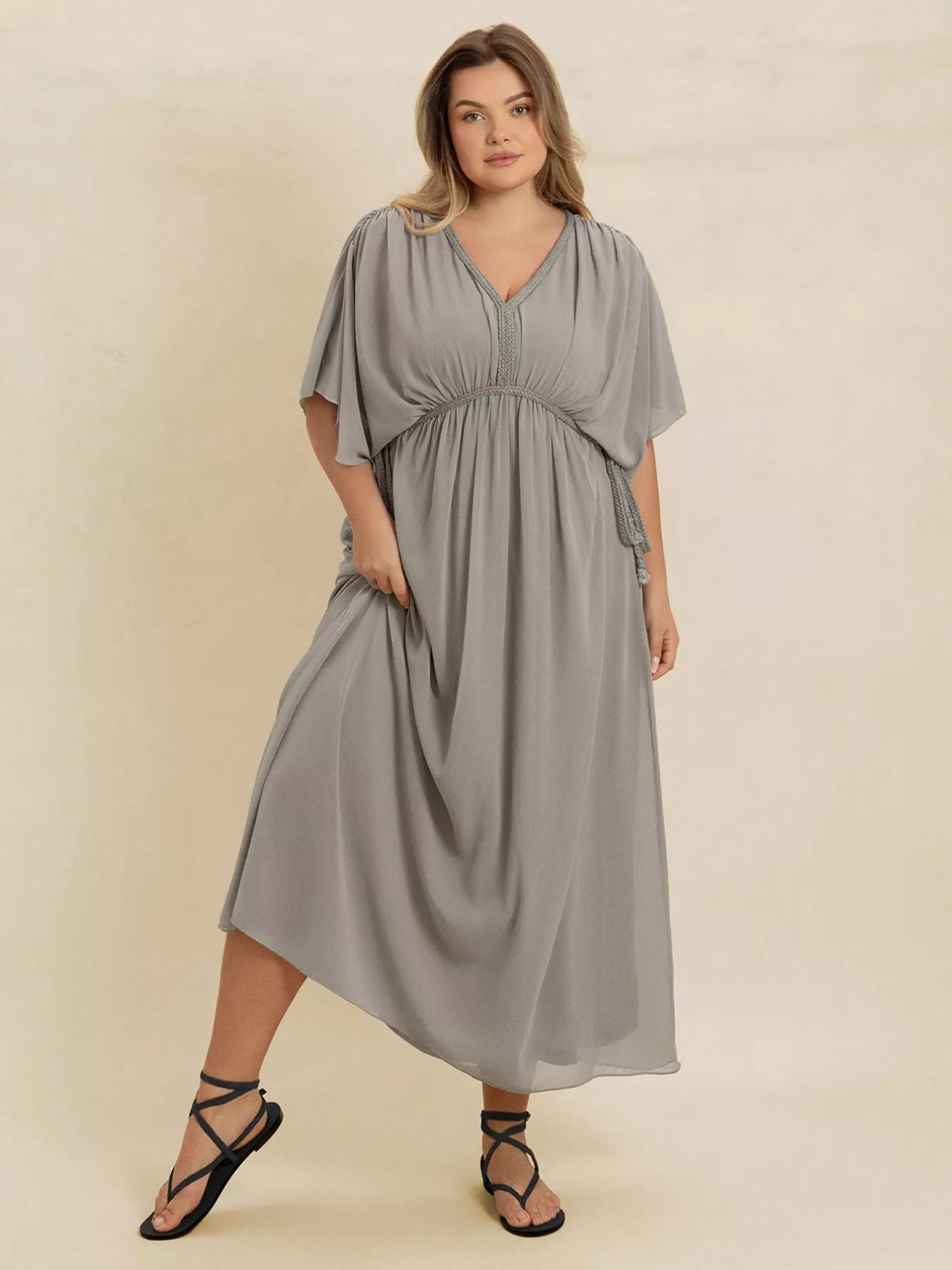 Plus Size V-Neck Flutter Sleeve Dress OutfitFlow