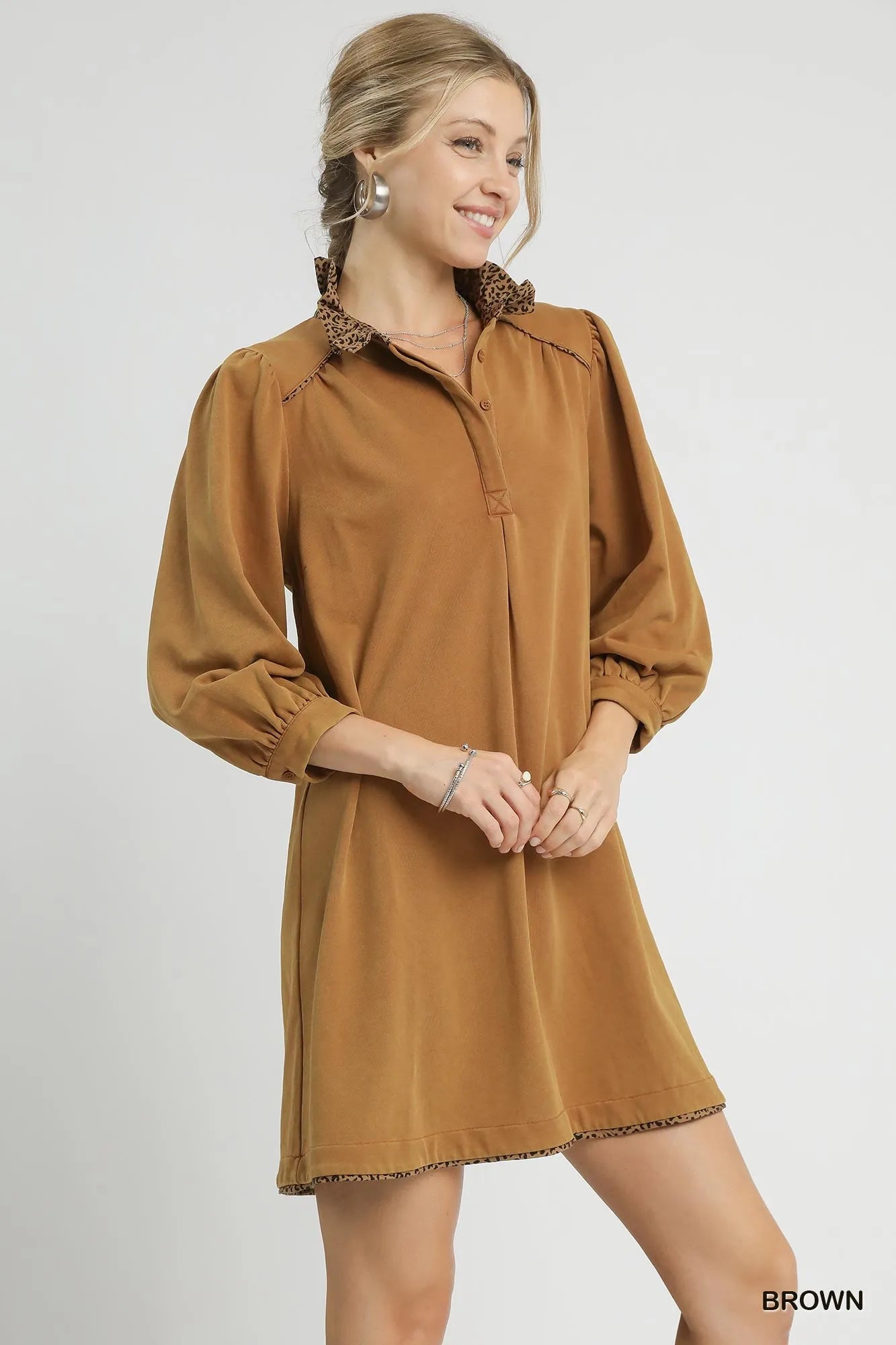 Umgee French Terry Balloon Sleeve Shift Dress with Leopard Print Detail Trendsi
